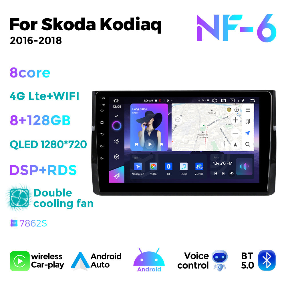 NaviFly NF Series Android 14 8G+256G 2K QLED screen CarPlay Auto DSP RDS 4GLte WIFI For Skoda Kodiaq 2016-2018 10inch