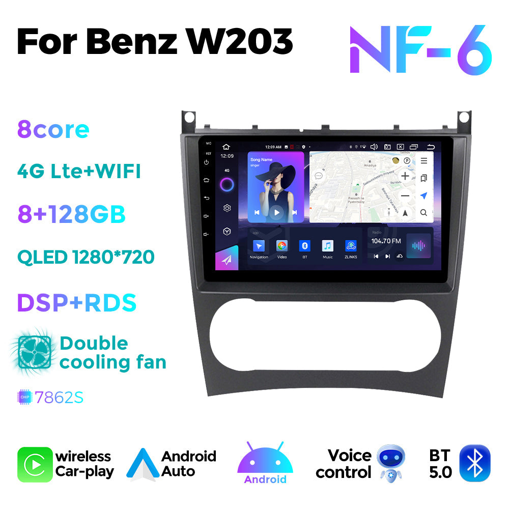 NaviFly NF Series Android 14 8G+256G 2K QLED screen CarPlay Auto DSP RDS 4GLte WIFI For Mercedes Benz W203 9.5Inch