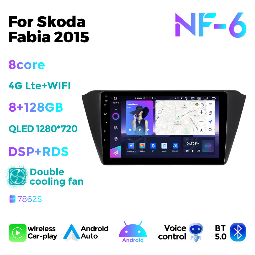 NaviFly NF Series Android 14 8G+256G 2K QLED screen CarPlay Auto DSP RDS 4GLte WIFI For Skoda Fabia 2015 10inch