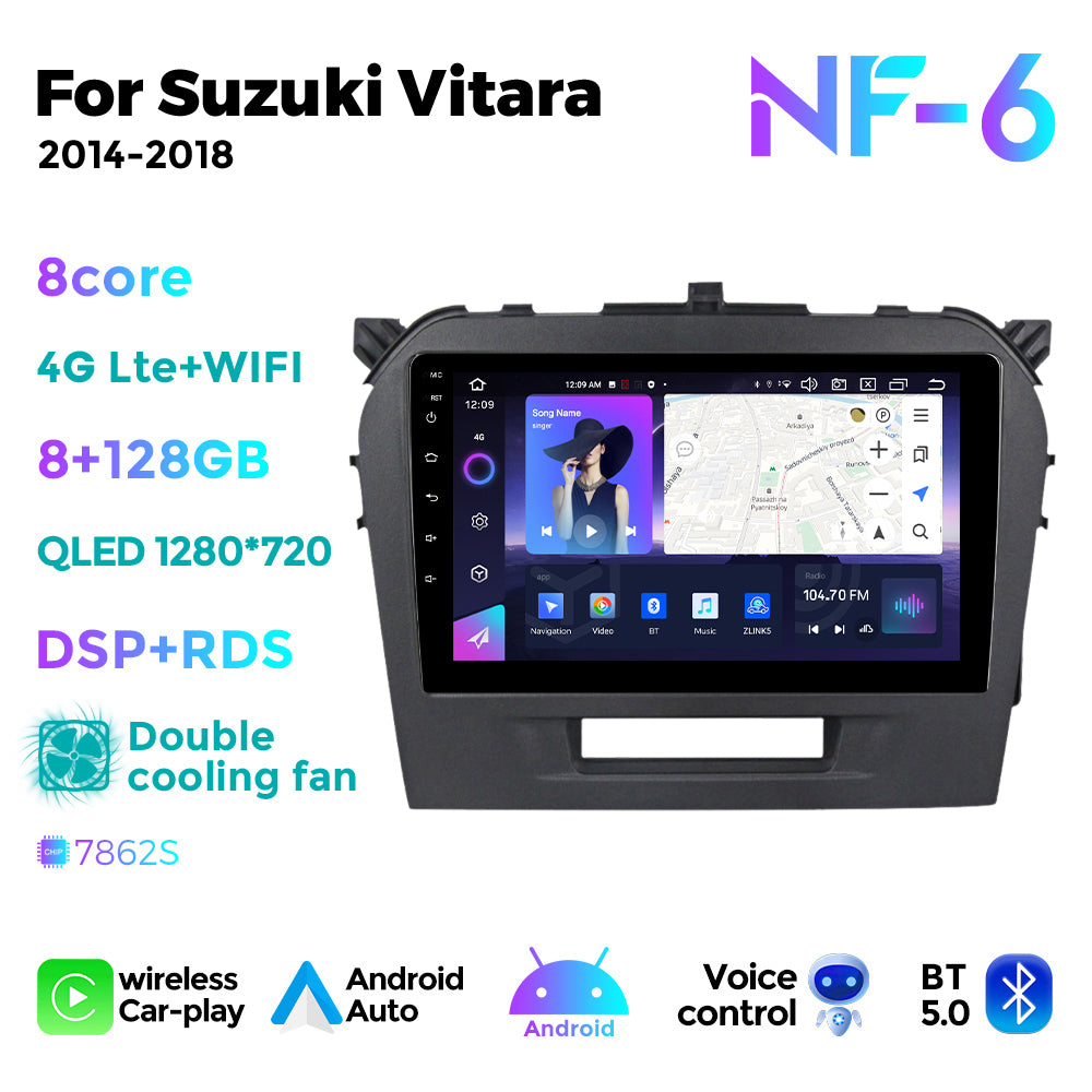 NaviFly NF Series Android 14 8G+256G 2K QLED screen CarPlay Auto DSP RDS 4GLte WIFI For Suzuki Vitara 2014-2018 9inch