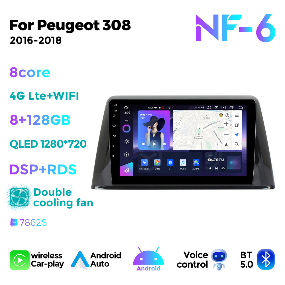 NaviFly NF Series Android 14 8G+256G 2K QLED screen CarPlay Auto DSP RDS 4GLte WIFI For Peugeot 308 2016-2018 9inch