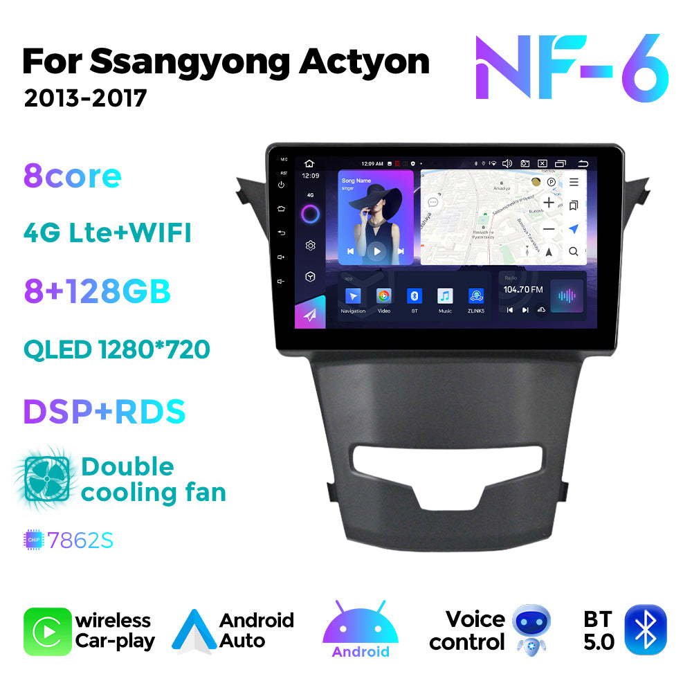 NaviFly NF Series Android 14 8G+256G 2K QLED screen CarPlay Auto DSP RDS 4GLte WIFI For Ssangyong Actyon 2013-2017 9inch