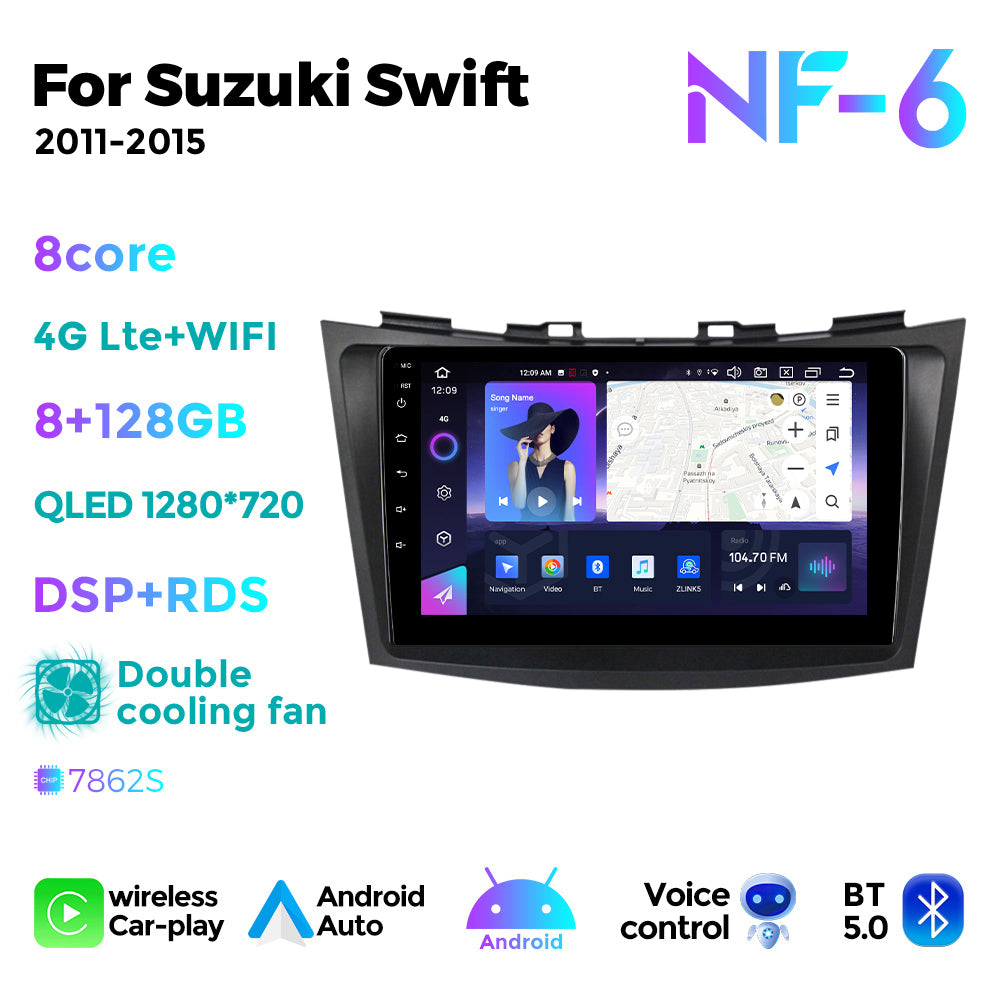 NaviFly NF Series Android 14 8G+256G 2K QLED screen CarPlay Auto DSP RDS 4GLte WIFI For Suzuki Swift 2011-2015 9inch
