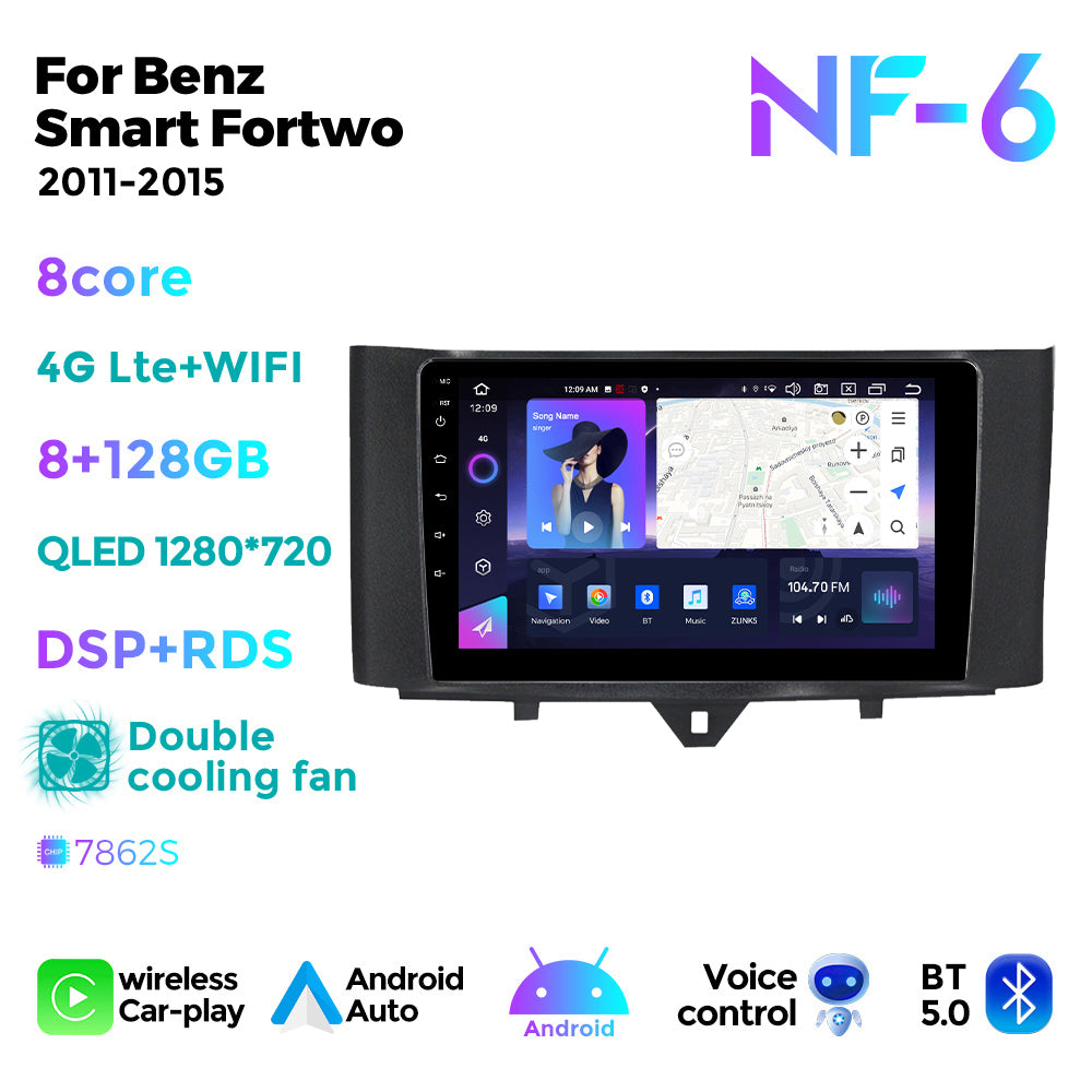NaviFly NF Series Android 14 8G+256G 2K QLED screen CarPlay Auto DSP RDS 4GLte WIFI For Mercedes Benz Smart Fortwo 2011-2015 9.5Inch