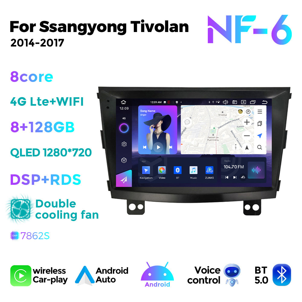 NaviFly NF Series Android 14 8G+256G 2K QLED screen CarPlay Auto DSP RDS 4GLte WIFI For Ssangyong Tivolan 2014-2017 9inch