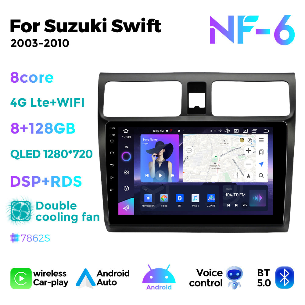 NaviFly NF Series Android 14 8G+256G 2K QLED screen CarPlay Auto DSP RDS 4GLte WIFI For Suzuki Swift 2003-2010 10inch