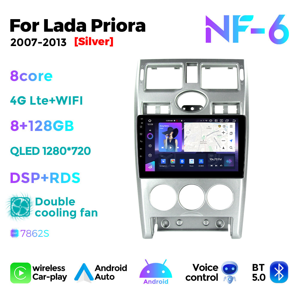 NaviFly NF Series Android 14 8G+256G 2K QLED screen CarPlay Auto DSP RDS 4GLte WIFI For Lada Priora 2007-2013 9inch