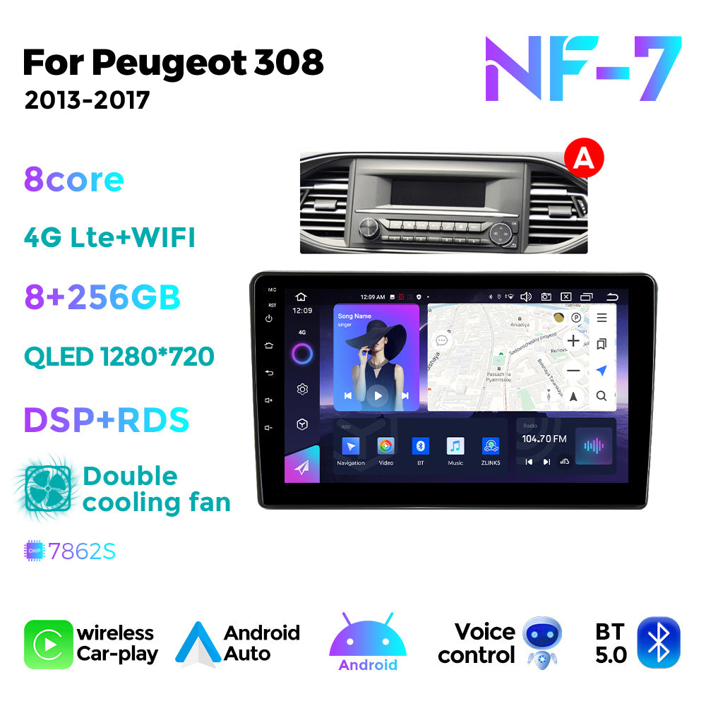 NaviFly NF Series Android 14 8G+256G 2K QLED screen CarPlay Auto DSP RDS 4GLte WIFI For Peugeot 308 2013-2017-AB 9inch