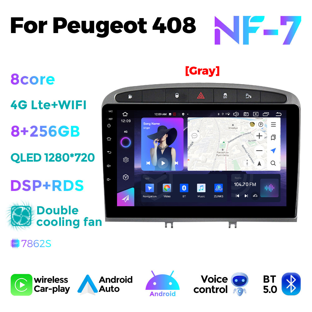 NaviFly NF Series Android 14 8G+256G 2K QLED screen CarPlay Auto DSP RDS 4GLte WIFI For Peugeot 408 9inch Gray Black