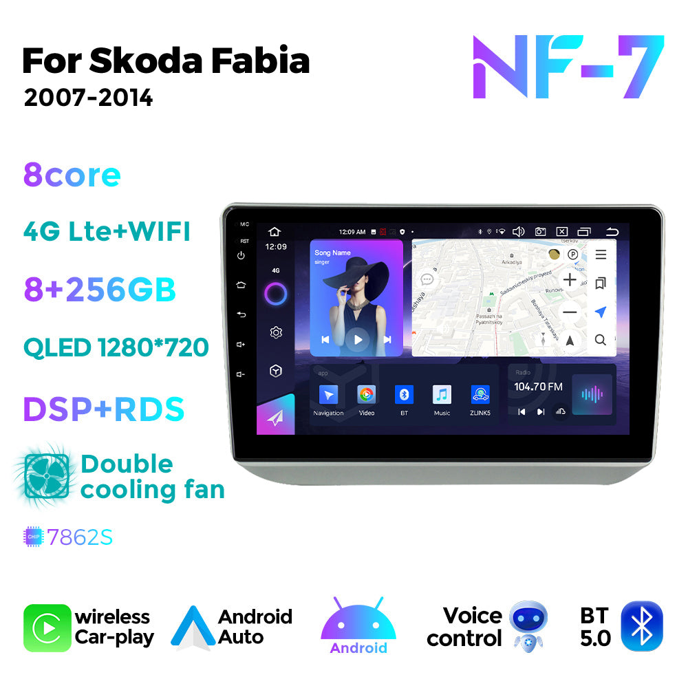 NaviFly NF Series Android 14 8G+256G 2K QLED screen CarPlay Auto DSP RDS 4GLte WIFI For Skoda Fabia 2007-2014 10inch