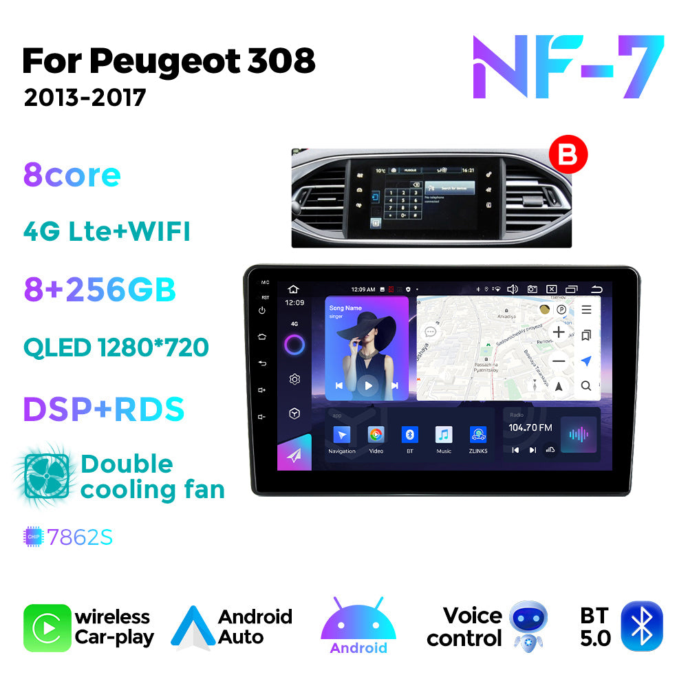 NaviFly NF Series Android 14 8G+256G 2K QLED screen CarPlay Auto DSP RDS 4GLte WIFI For Peugeot 308 2013-2017-AB 9inch