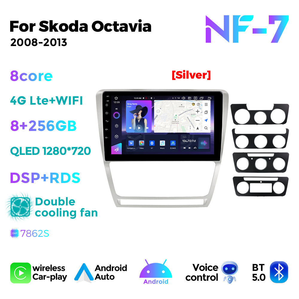NaviFly NF Series Android 14 8G+256G 2K QLED screen CarPlay Auto DSP RDS 4GLte WIFI For Skoda Octavia 2008-2013 10inch Silver Black
