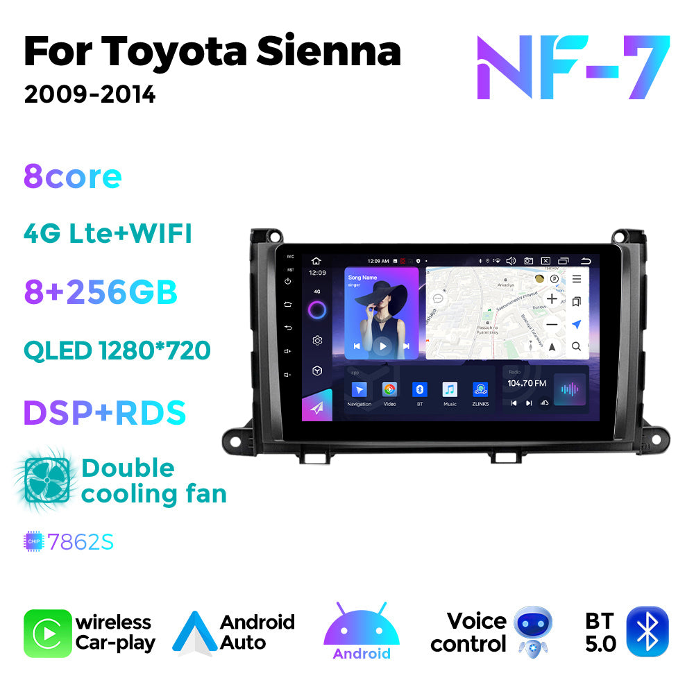 NaviFly NF Series Android 14 8G+256G 2K QLED screen CarPlay Auto DSP RDS 4GLte WIFI For Toyota Sienna 2009-2014 9inch