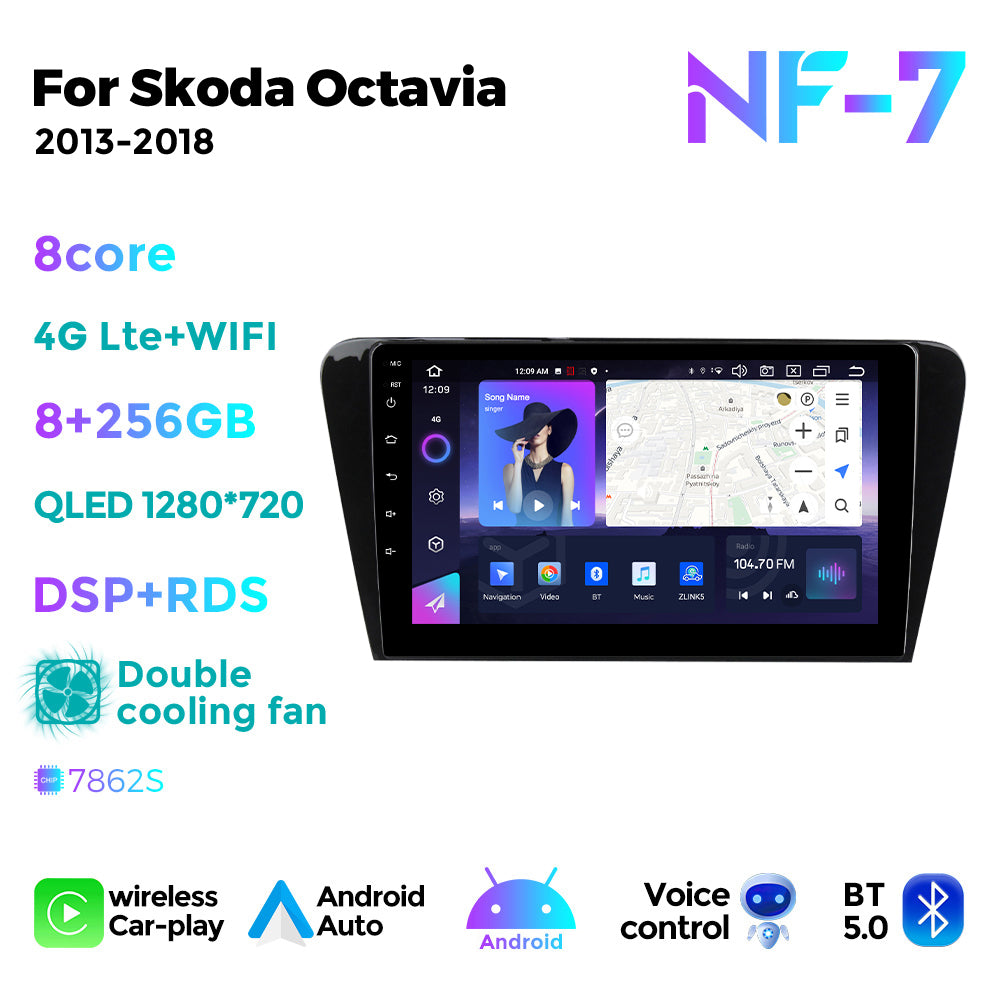 NaviFly NF Series Android 14 8G+256G 2K QLED screen CarPlay Auto DSP RDS 4GLte WIFI For Skoda Octavia 2013-2018 10inch
