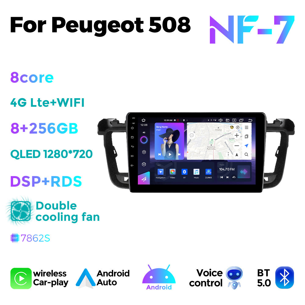 NaviFly NF Series Android 14 8G+256G 2K QLED screen CarPlay Auto DSP RDS 4GLte WIFI For Peugeot 508 9inch