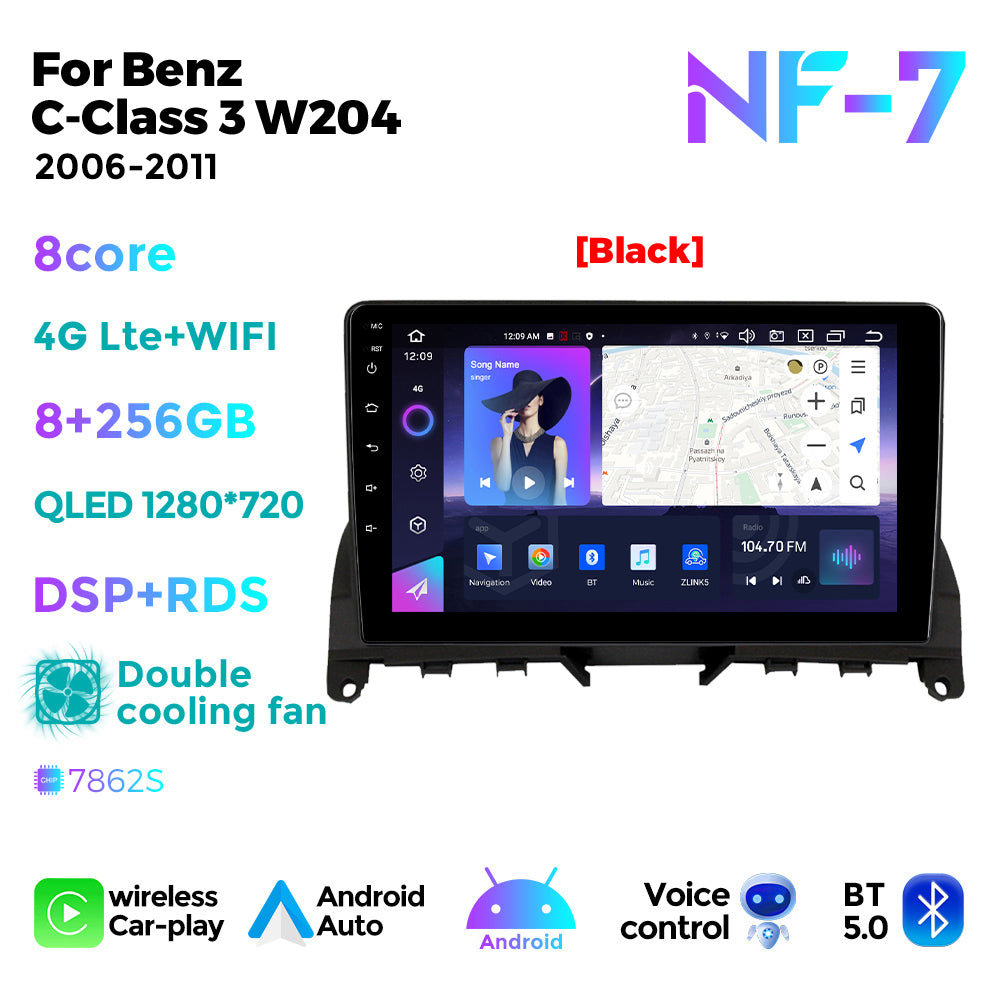 NaviFly NF Series Android 14 8G+256G 2K QLED screen CarPlay Auto DSP RDS 4GLte WIFI For Mercedes Benz C-Class 3 W204 2006-2011 9.5Inch