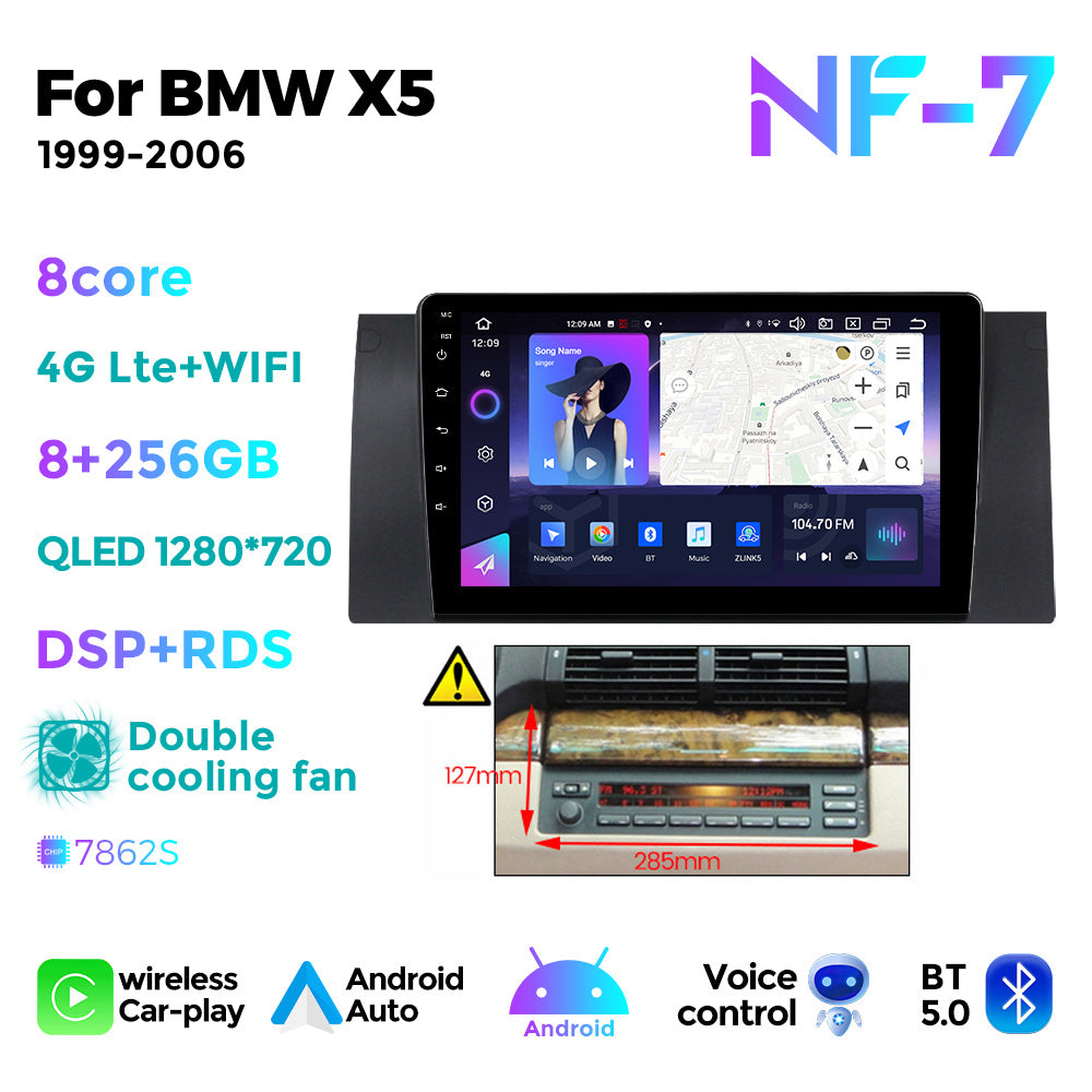 NaviFly NF Series Android 14 8G+256G 2K QLED screen CarPlay Auto DSP RDS 4GLte WIFI For BMW X5 1999-2006 (E39) 9inch