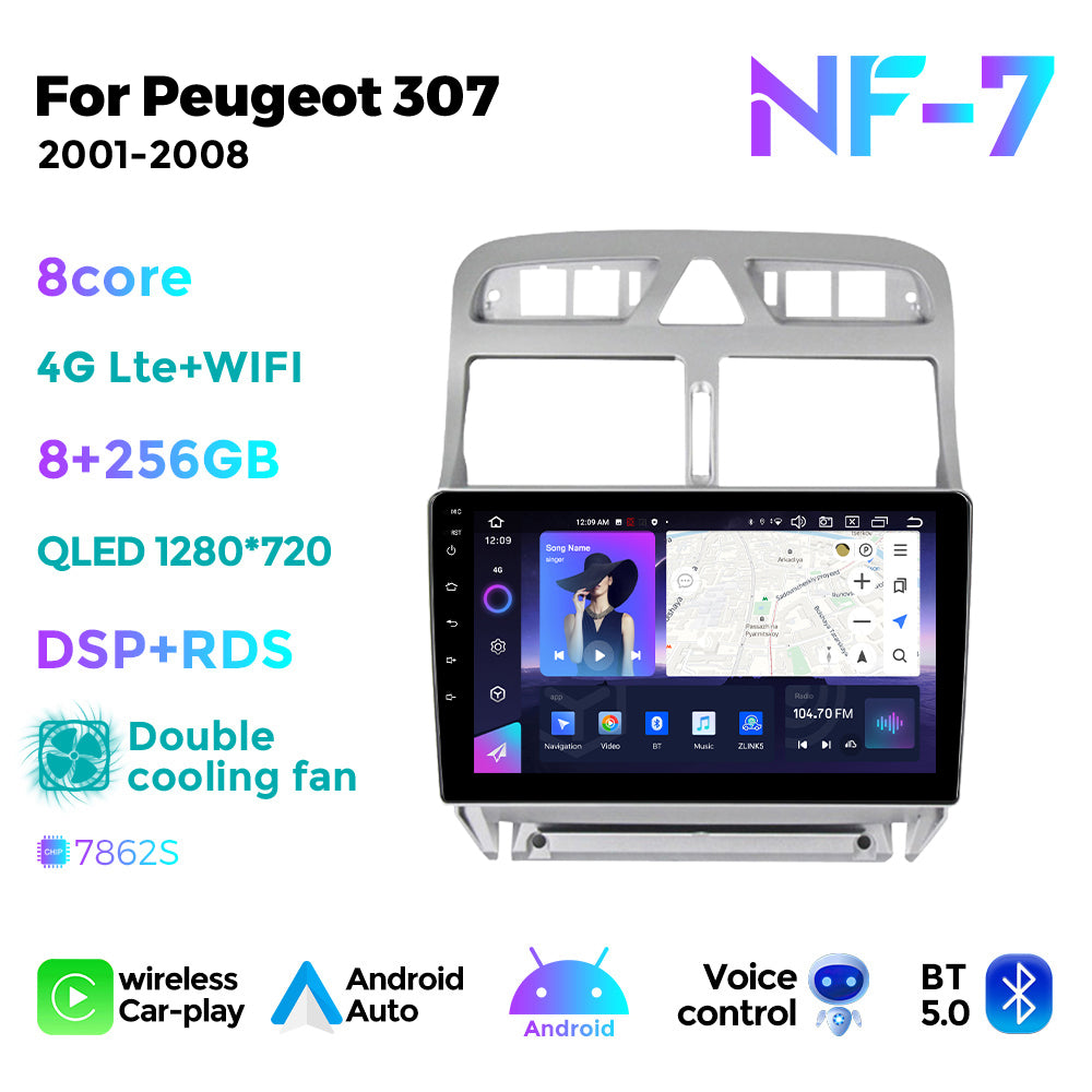 NaviFly NF Series Android 14 8G+256G 2K QLED screen CarPlay Auto DSP RDS 4GLte WIFI For Peugeot 307 2001-2008 9inch