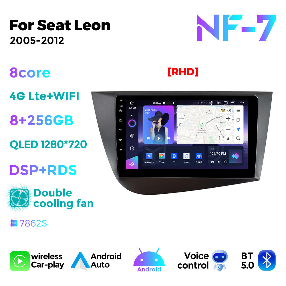 NaviFly NF Series Android 14 8G+256G 2K QLED screen CarPlay Auto DSP RDS 4GLte WIFI For Seat Leon 2005-2012 9inch