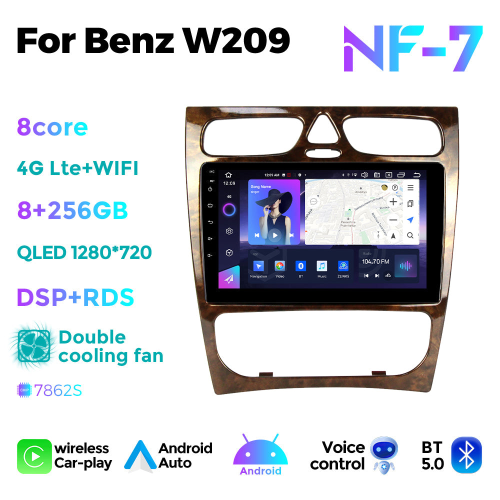 NaviFly NF Series Android 14 8G+256G 2K QLED screen CarPlay Auto DSP RDS 4GLte WIFI For Benz W209 9inch