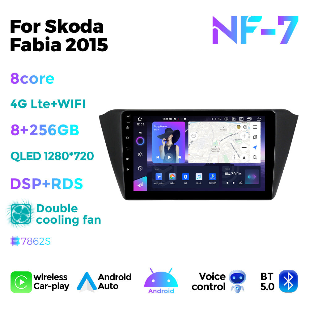 NaviFly NF Series Android 14 8G+256G 2K QLED screen CarPlay Auto DSP RDS 4GLte WIFI For Skoda Fabia 2015 10inch