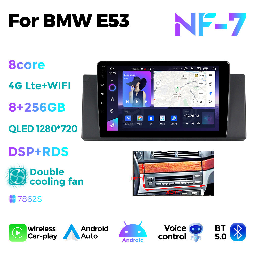 NaviFly NF Series Android 14 8G+256G 2K QLED screen CarPlay Auto DSP RDS 4GLte WIFI For BMW E53 9inch