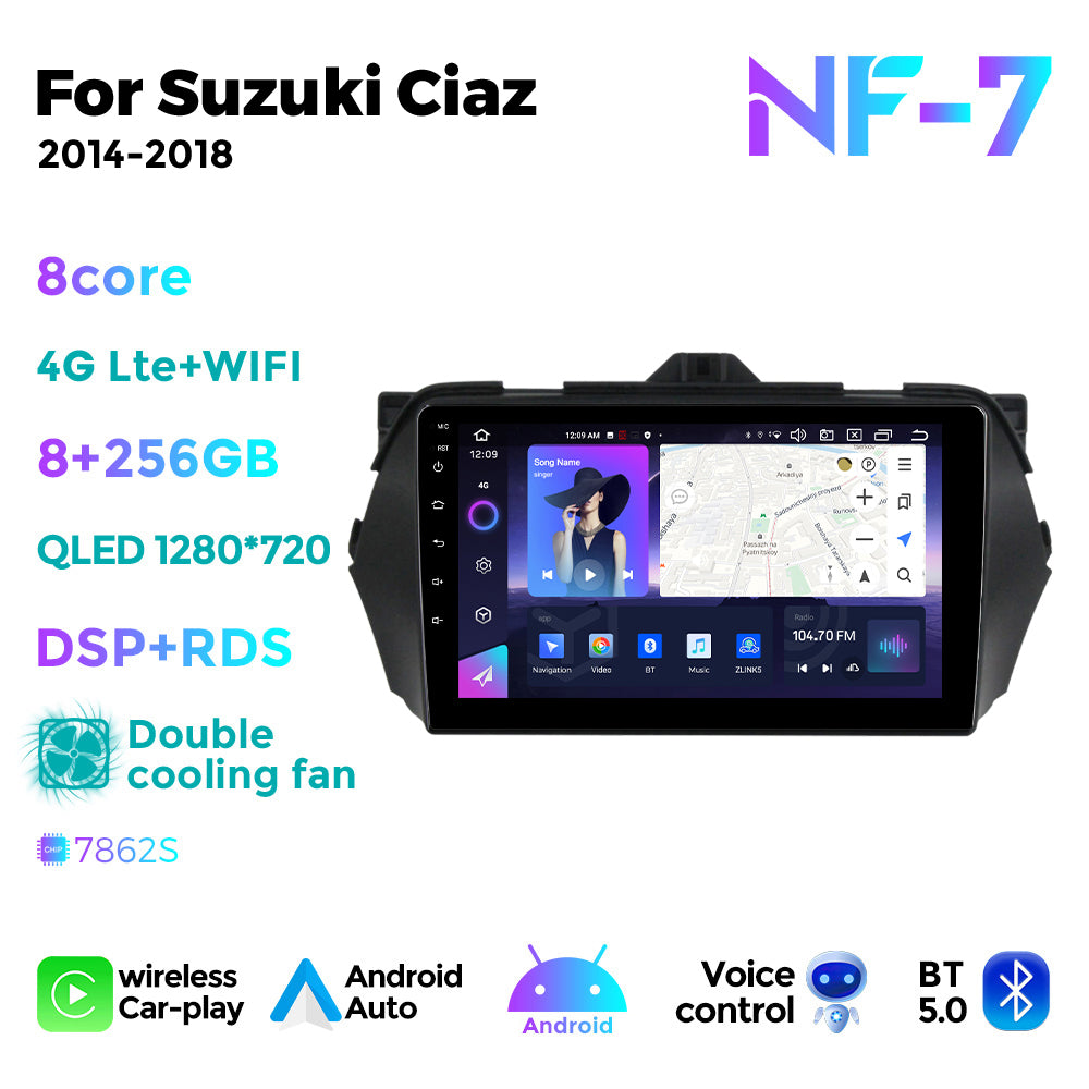 NaviFly NF Series Android 14 8G+256G 2K QLED screen CarPlay Auto DSP RDS 4GLte WIFI For Suzuki Ciaz 2014-2018 9inch