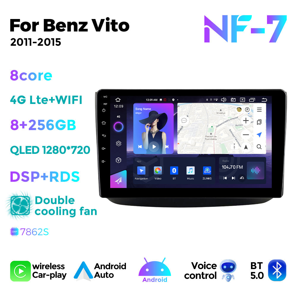 NaviFly NF Series Android 14 8G+256G 2K QLED screen CarPlay Auto DSP RDS 4GLte WIFI For Benz Vito 2011-2015 10.36inch
