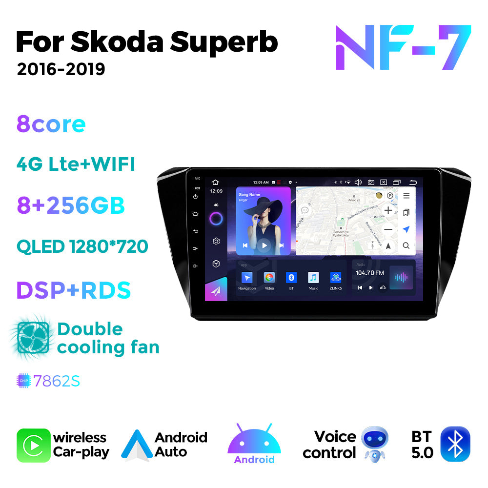 NaviFly NF Series Android 14 8G+256G 2K QLED screen CarPlay Auto DSP RDS 4GLte WIFI For Skoda Superb 2016-2019 10inch