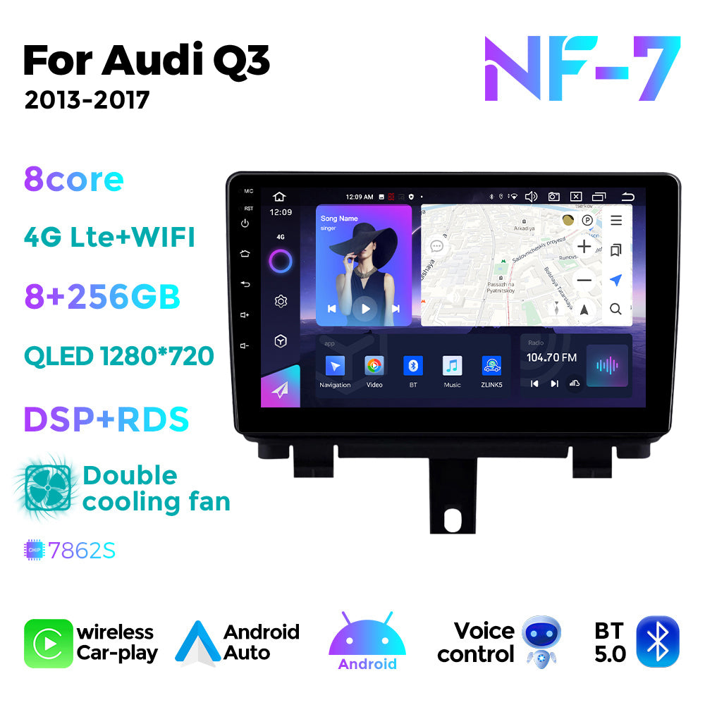 NaviFly NF Series Android 14 8G+256G 2K QLED screen CarPlay Auto DSP RDS 4GLte WIFI For Audi Q3 2013-2017 9inch