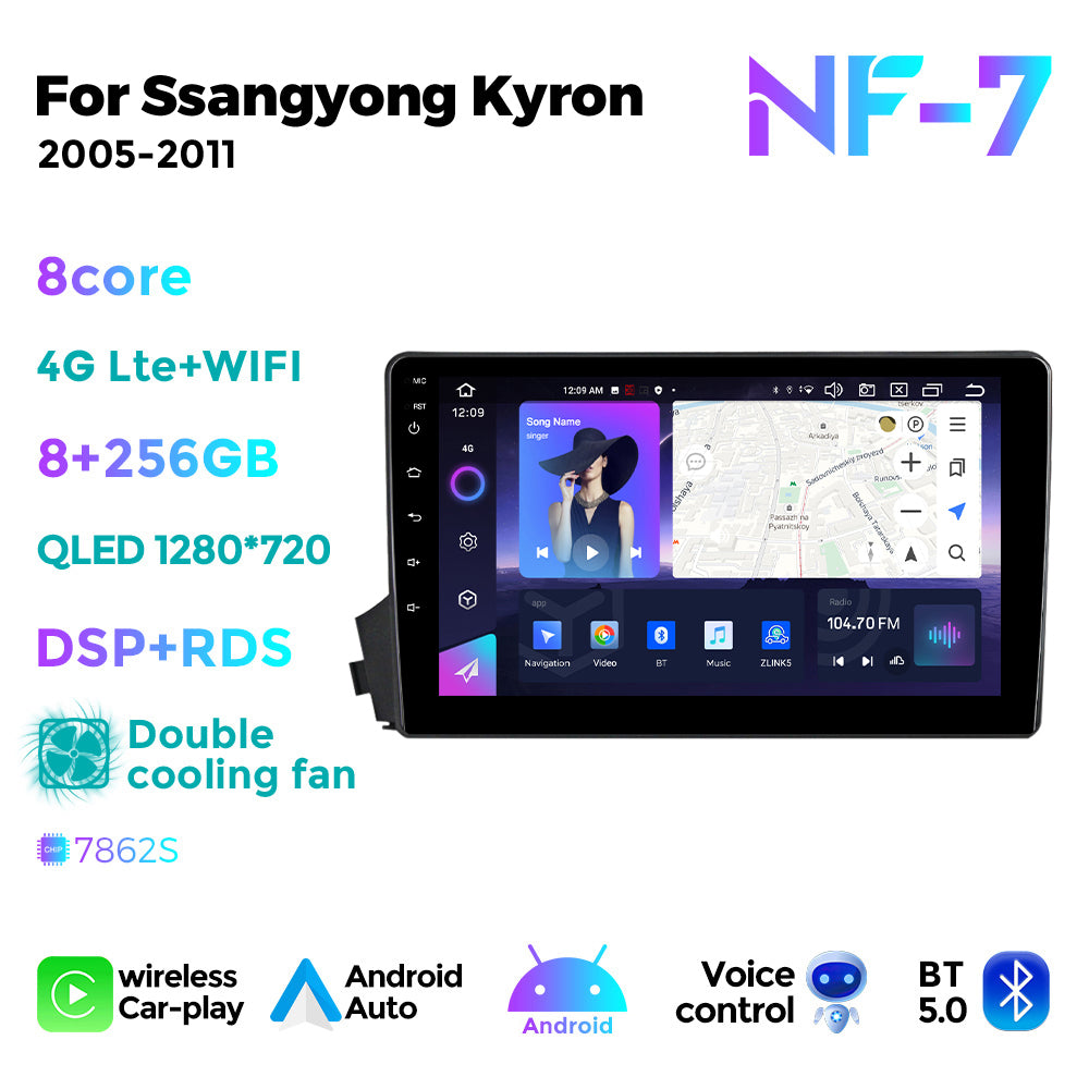 NaviFly NF Series Android 14 8G+256G 2K QLED screen CarPlay Auto DSP RDS 4GLte WIFI For Ssangyong Kyron 2005-2011 9inch