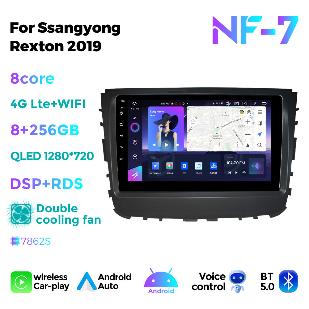 NaviFly NF Series Android 14 8G+256G 2K QLED screen CarPlay Auto DSP RDS 4GLte WIFI For Ssangyong Rexton 2019 9inch