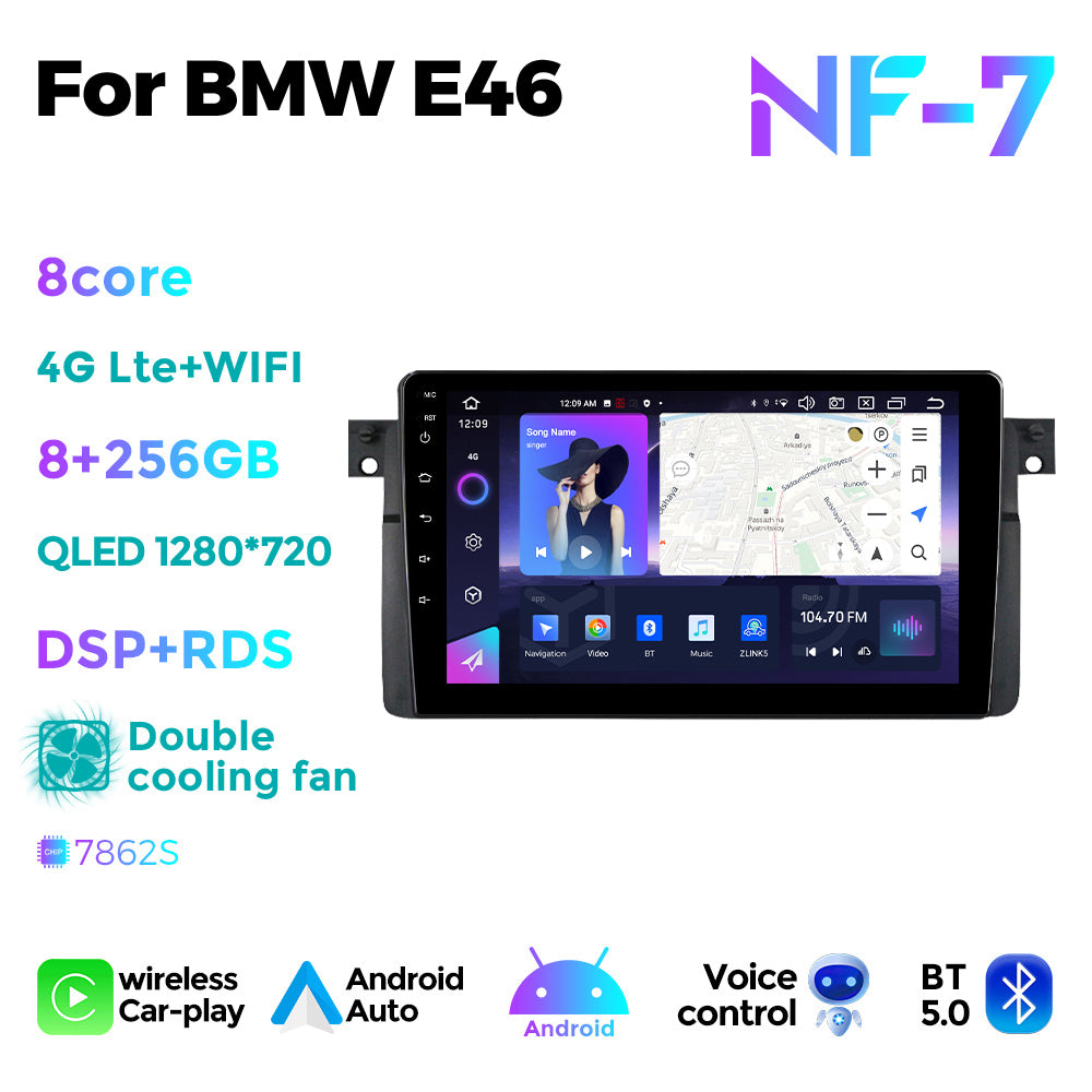 NaviFly NF Series Android 14 8G+256G 2K QLED screen CarPlay Auto DSP RDS 4GLte WIFI For BMW E46 9inch