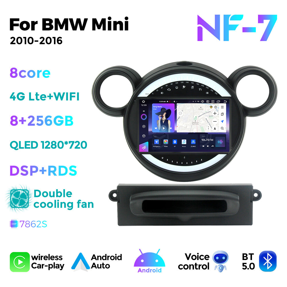 NaviFly NF Series Android 14 8G+256G 2K QLED screen CarPlay Auto DSP RDS 4GLte WIFI For BMW Mini 2010-2016 9inch