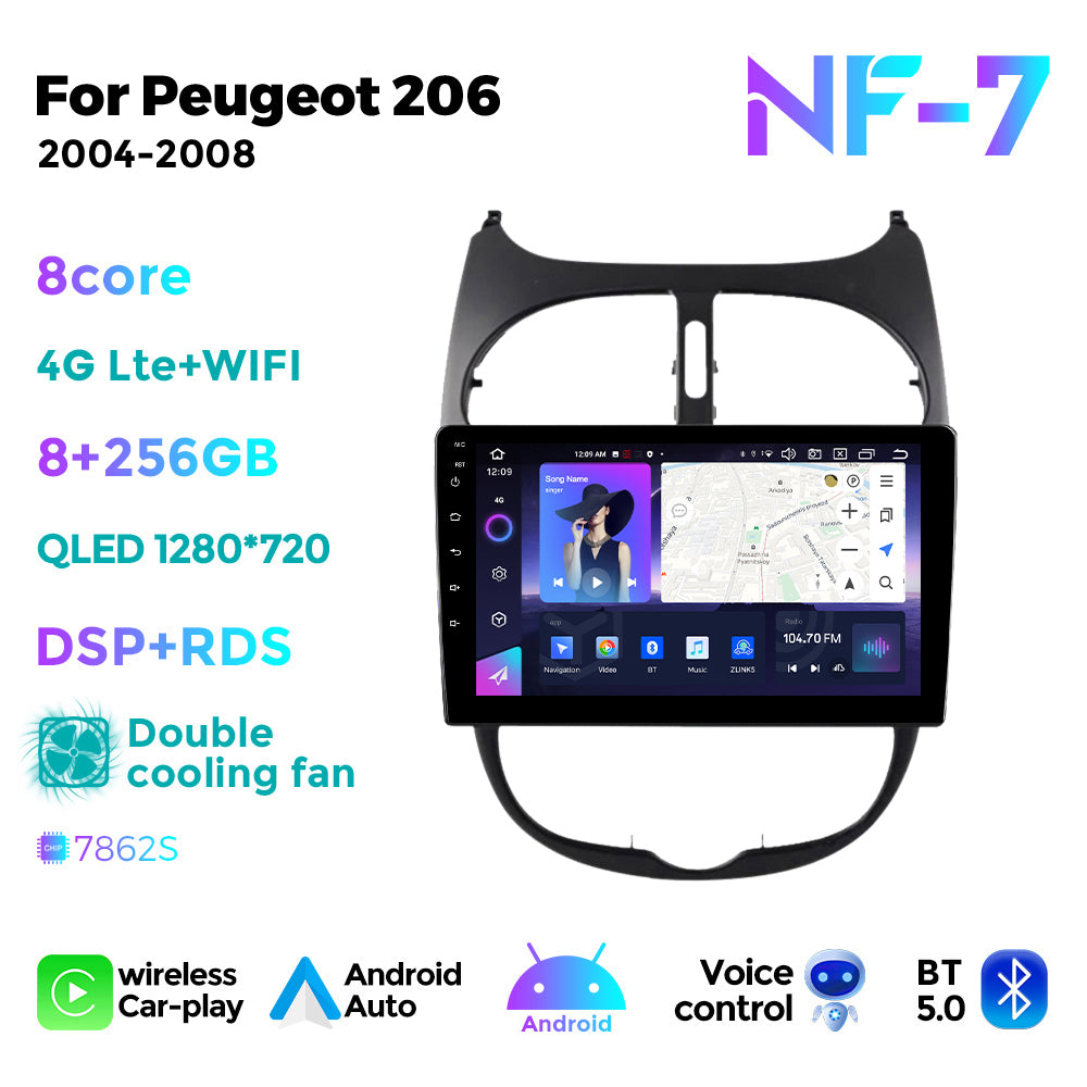 NaviFly NF Series Android 14 8G+256G 2K QLED screen CarPlay Auto DSP RDS 4GLte WIFI For Peugeot 206 2004-2008 9inch