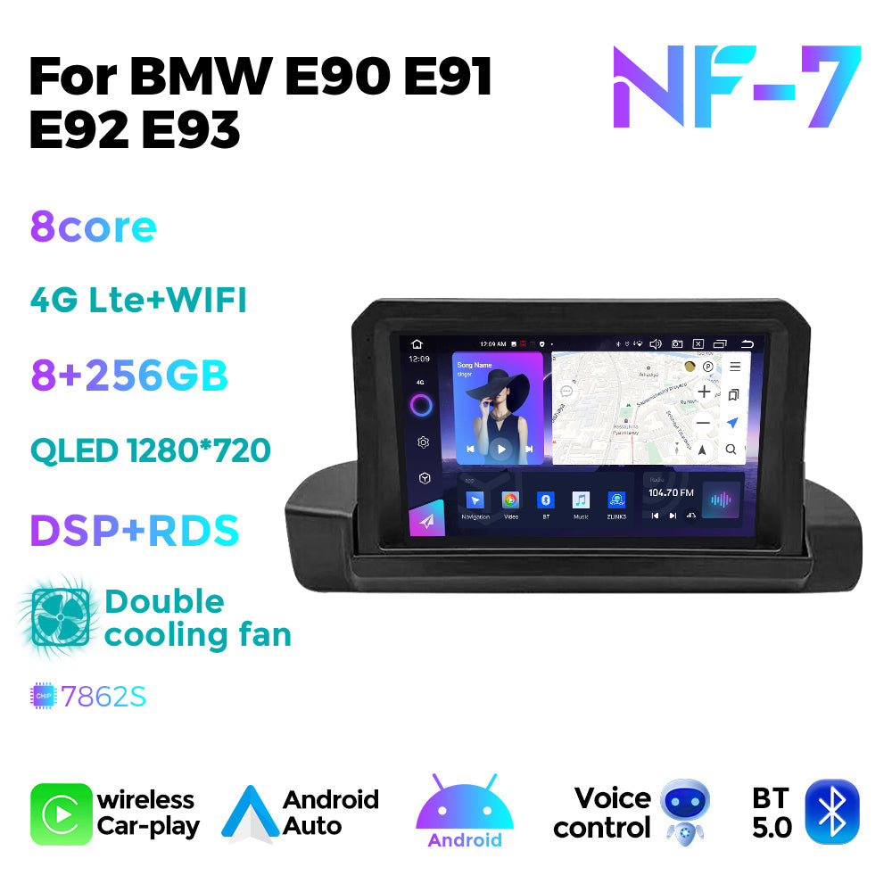 NaviFly NF Series Android 14 8G+256G 2K QLED screen CarPlay Auto DSP RDS 4GLte WIFI For BMW E90 E91 E92 E93 9inch