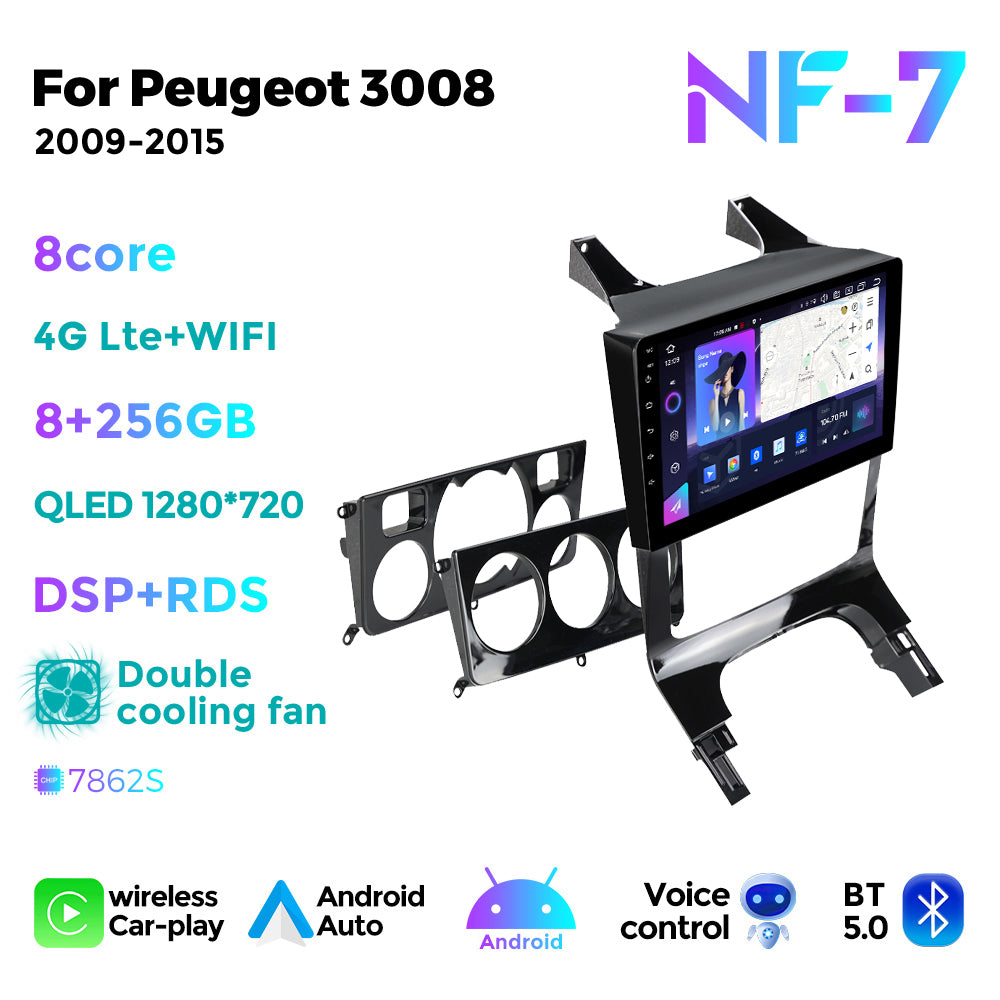 NaviFly NF Series Android 14 8G+256G 2K QLED screen CarPlay Auto DSP RDS 4GLte WIFI For Peugeot 3008 2009-2015 9inch