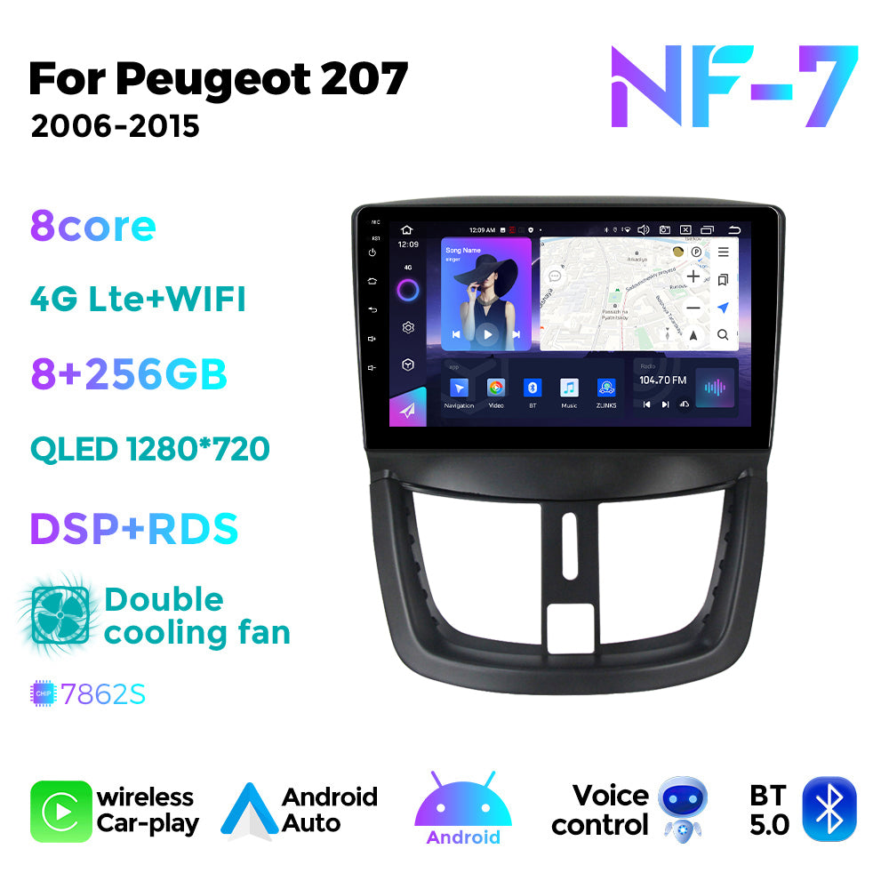 NaviFly NF Series Android 14 8G+256G 2K QLED screen CarPlay Auto DSP RDS 4GLte WIFI For Peugeot 207 2006-2015 9inch