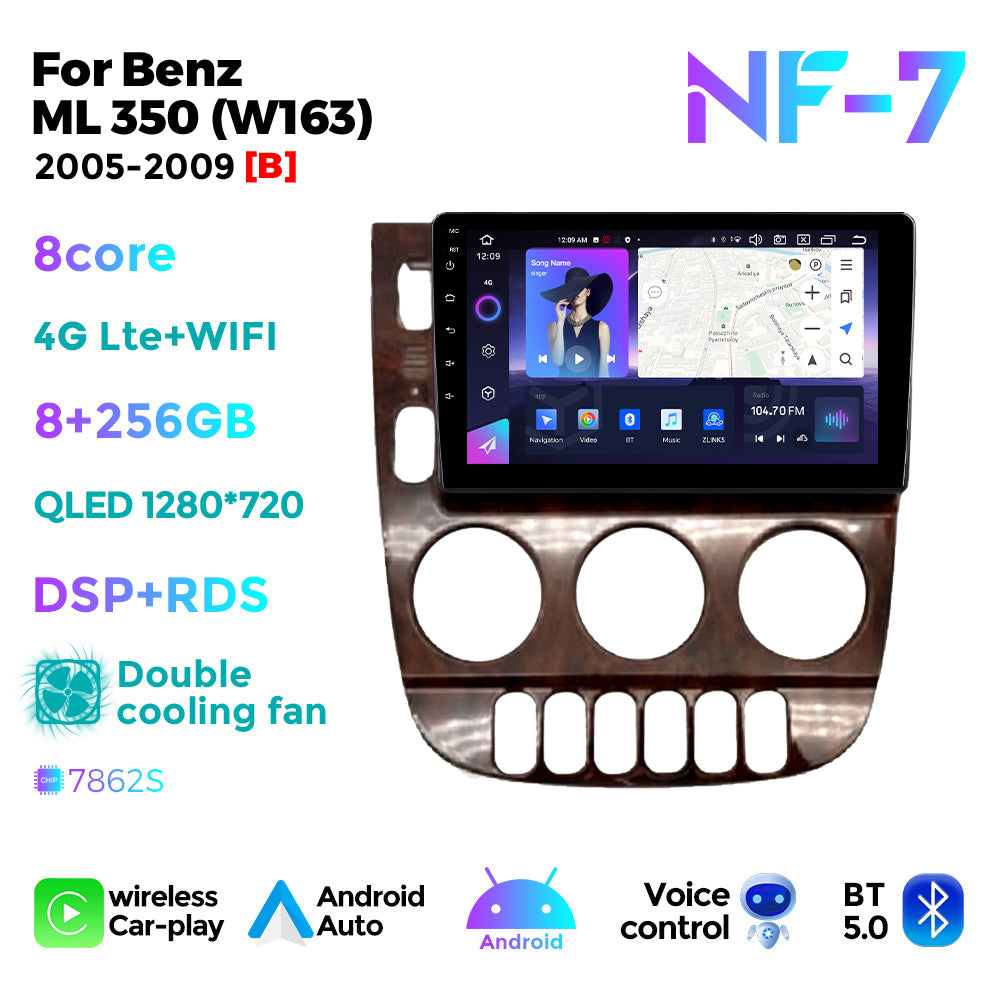 NaviFly NF Series Android 14 8G+256G 2K QLED screen CarPlay Auto DSP RDS 4GLte WIFI For Benz ML 350 (W163) 2001-2005 9inch