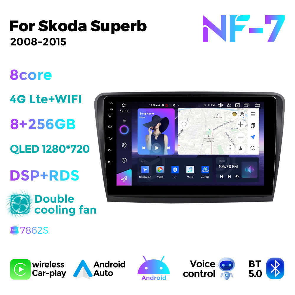 NaviFly NF Series Android 14 8G+256G 2K QLED screen CarPlay Auto DSP RDS 4GLte WIFI For Skoda Superb 2008-2015 10inch
