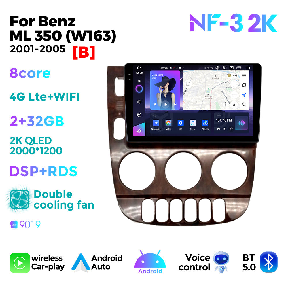NaviFly NF Series Android 14 8G+256G 2K QLED screen CarPlay Auto DSP RDS 4GLte WIFI For Benz ML 350 (W163) 2001-2005 9inch