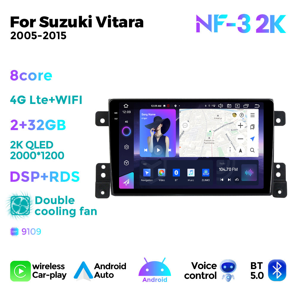 NaviFly NF Series Android 14 8G+256G 2K QLED screen CarPlay Auto DSP RDS 4GLte WIFI For Suzuki Vitara 2005-2015 9inch