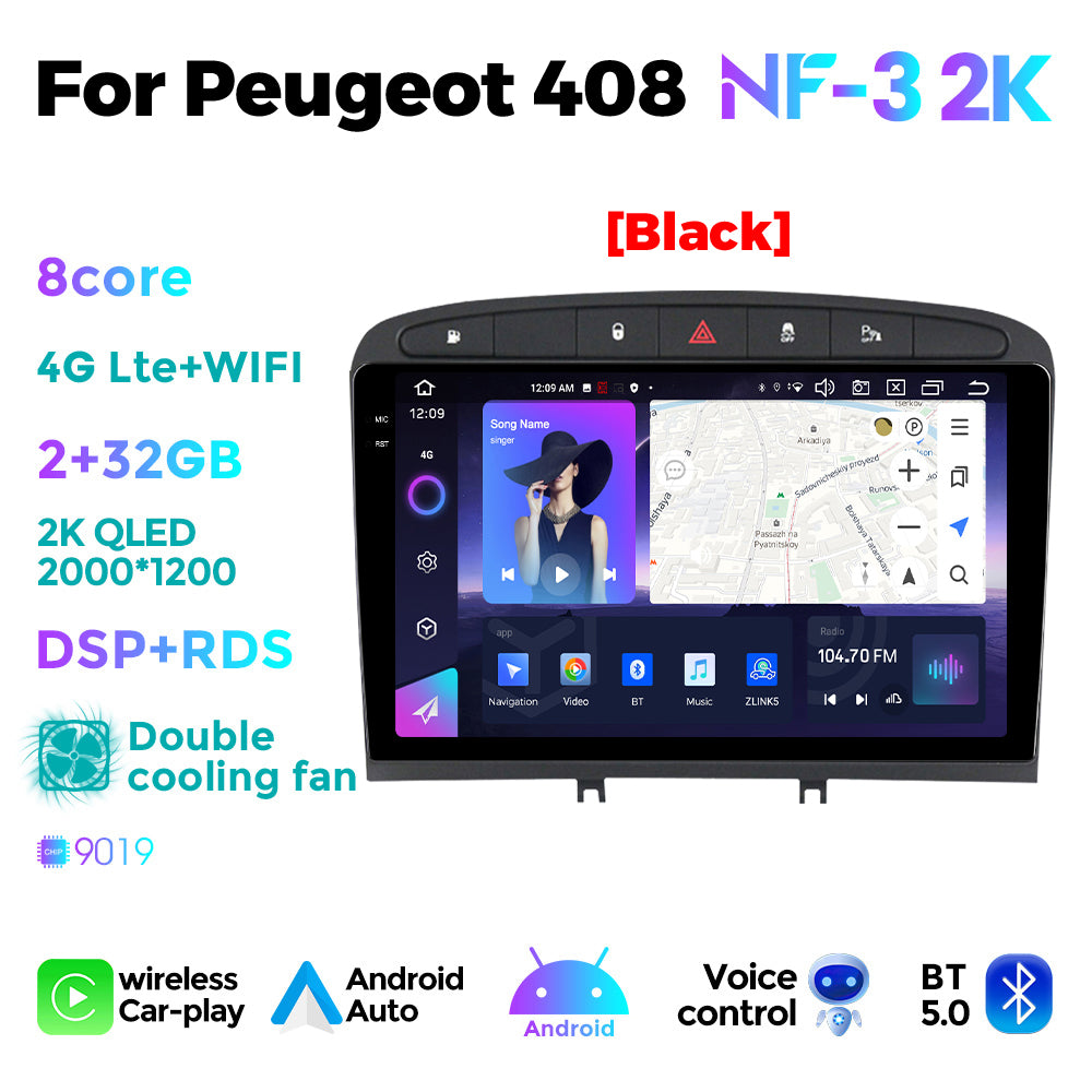 NaviFly NF Series Android 14 8G+256G 2K QLED screen CarPlay Auto DSP RDS 4GLte WIFI For Peugeot 408 9inch Gray Black
