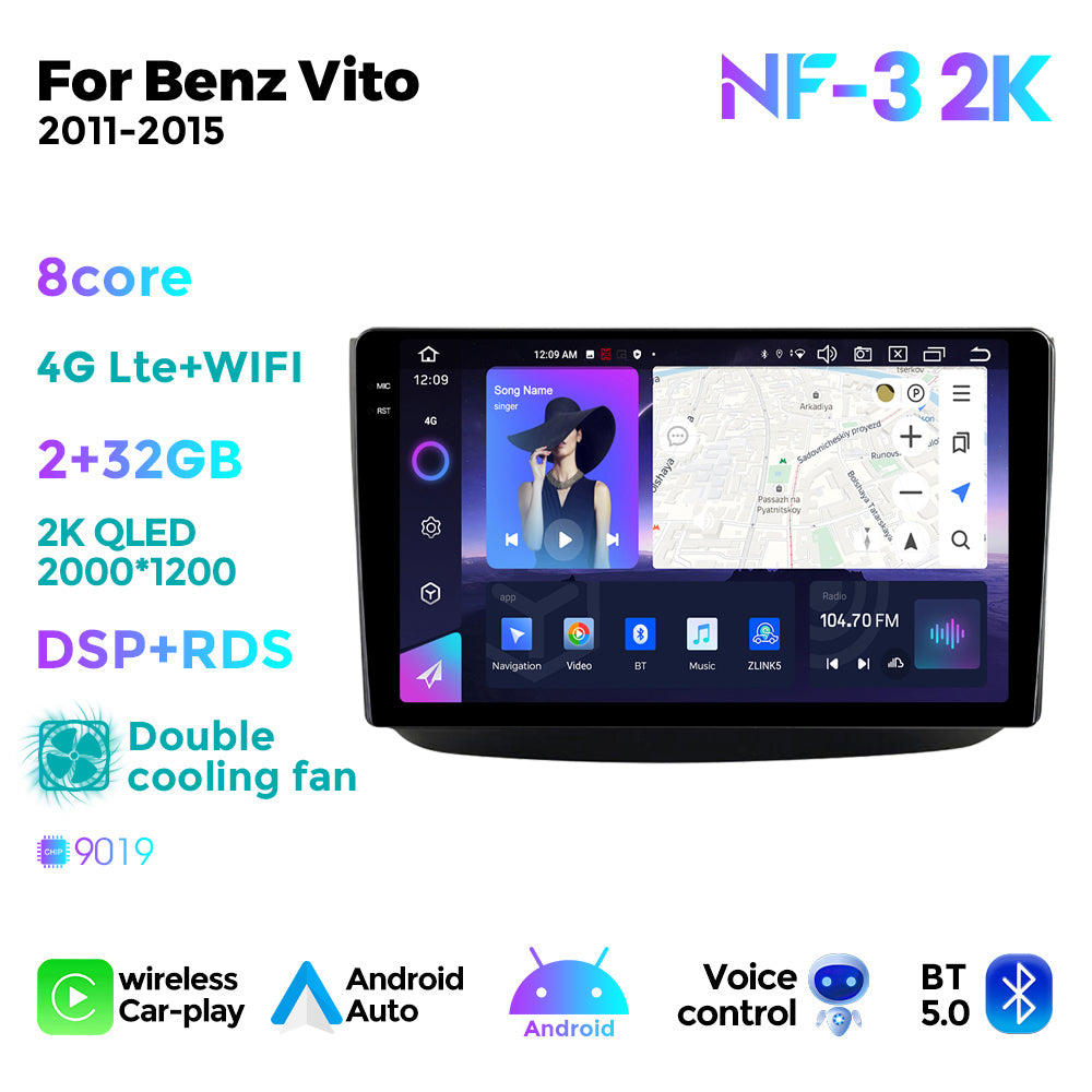 NaviFly NF Series Android 14 8G+256G 2K QLED screen CarPlay Auto DSP RDS 4GLte WIFI For Benz Vito 2011-2015 10.36inch