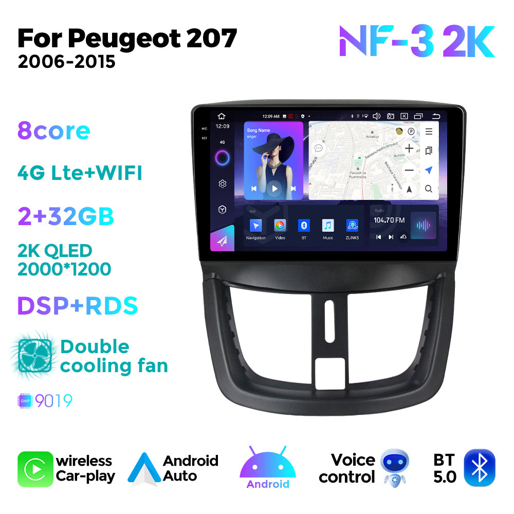 NaviFly NF Series Android 14 8G+256G 2K QLED screen CarPlay Auto DSP RDS 4GLte WIFI For Peugeot 207 2006-2015 9inch