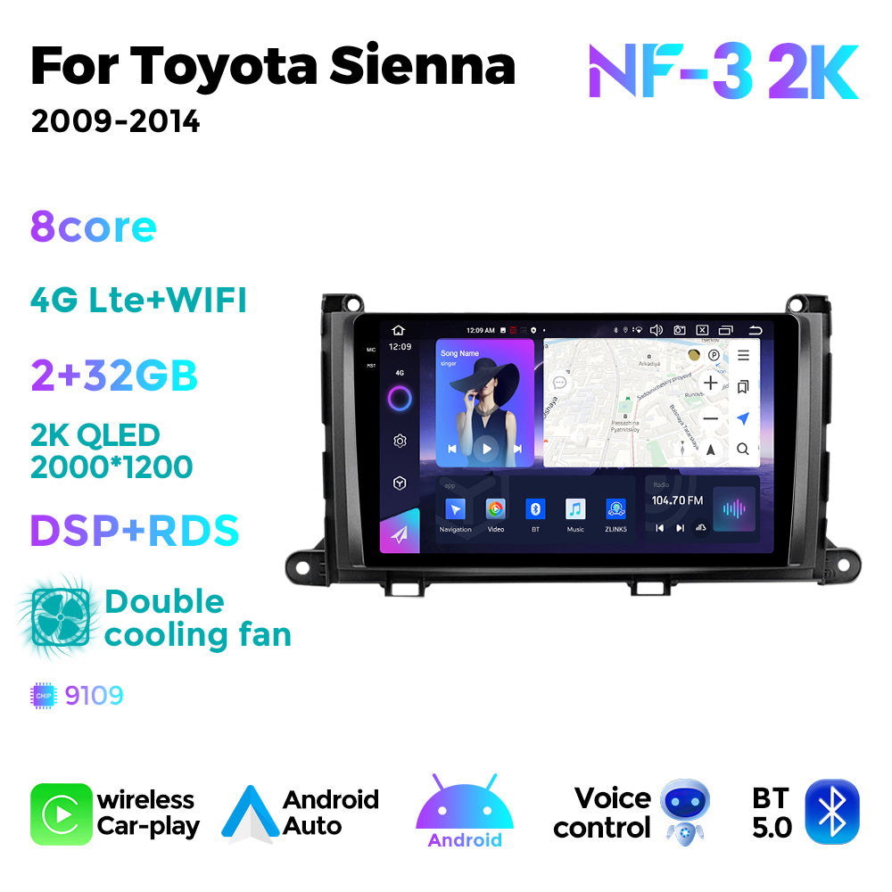 NaviFly NF Series Android 14 8G+256G 2K QLED screen CarPlay Auto DSP RDS 4GLte WIFI For Toyota Sienna 2009-2014 9inch