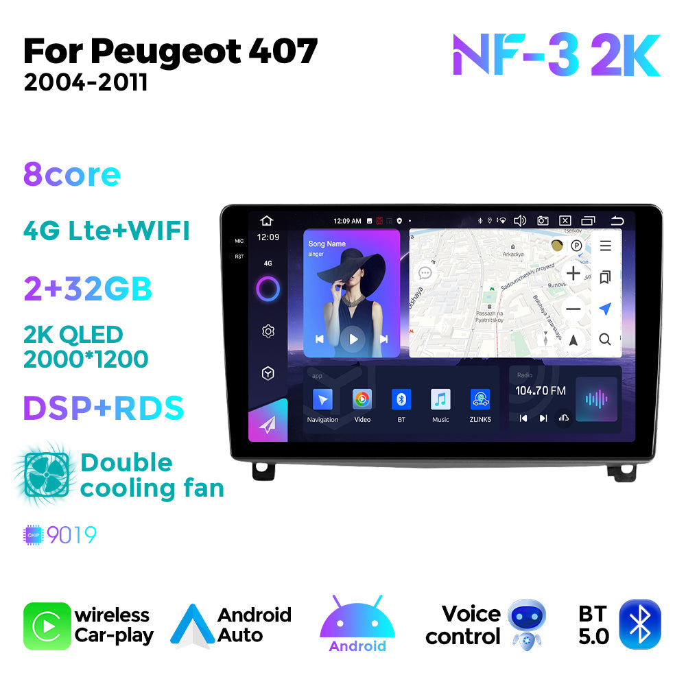 NaviFly NF Series Android 14 8G+256G 2K QLED screen CarPlay Auto DSP RDS 4GLte WIFI For Peugeot 407 2004-2011 9inch