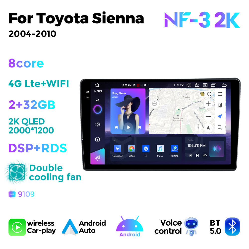 NaviFly NF Series Android 14 8G+256G 2K QLED screen CarPlay Auto DSP RDS 4GLte WIFI For Toyota Sienna 2004-2010 9inch