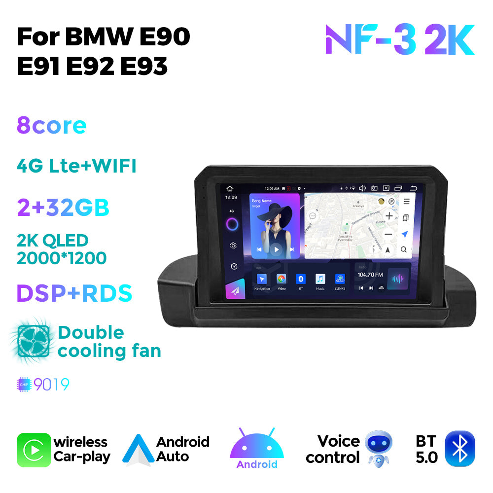 NaviFly NF Series Android 14 8G+256G 2K QLED screen CarPlay Auto DSP RDS 4GLte WIFI For BMW E90 E91 E92 E93 9inch