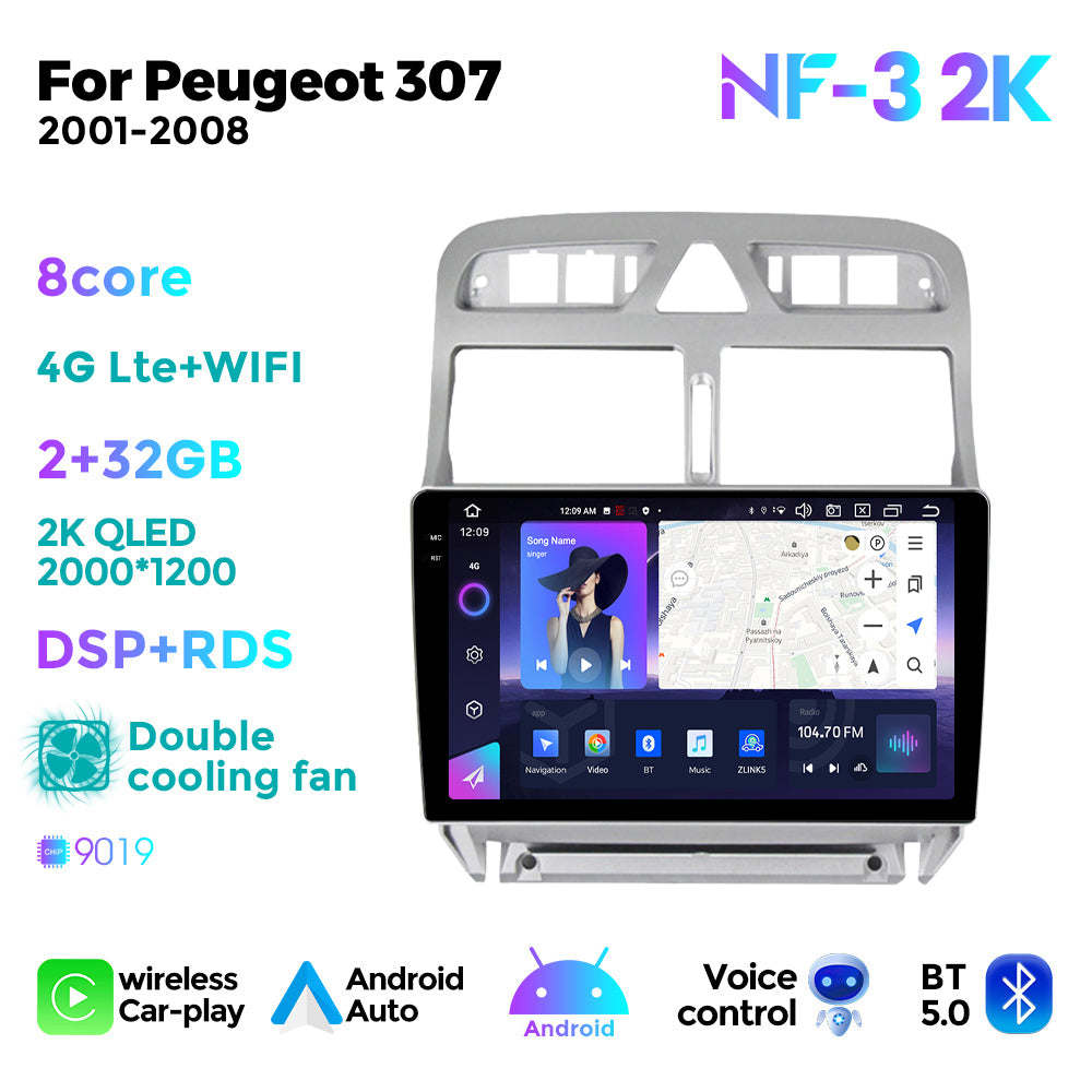 NaviFly NF Series Android 14 8G+256G 2K QLED screen CarPlay Auto DSP RDS 4GLte WIFI For Peugeot 307 2001-2008 9inch
